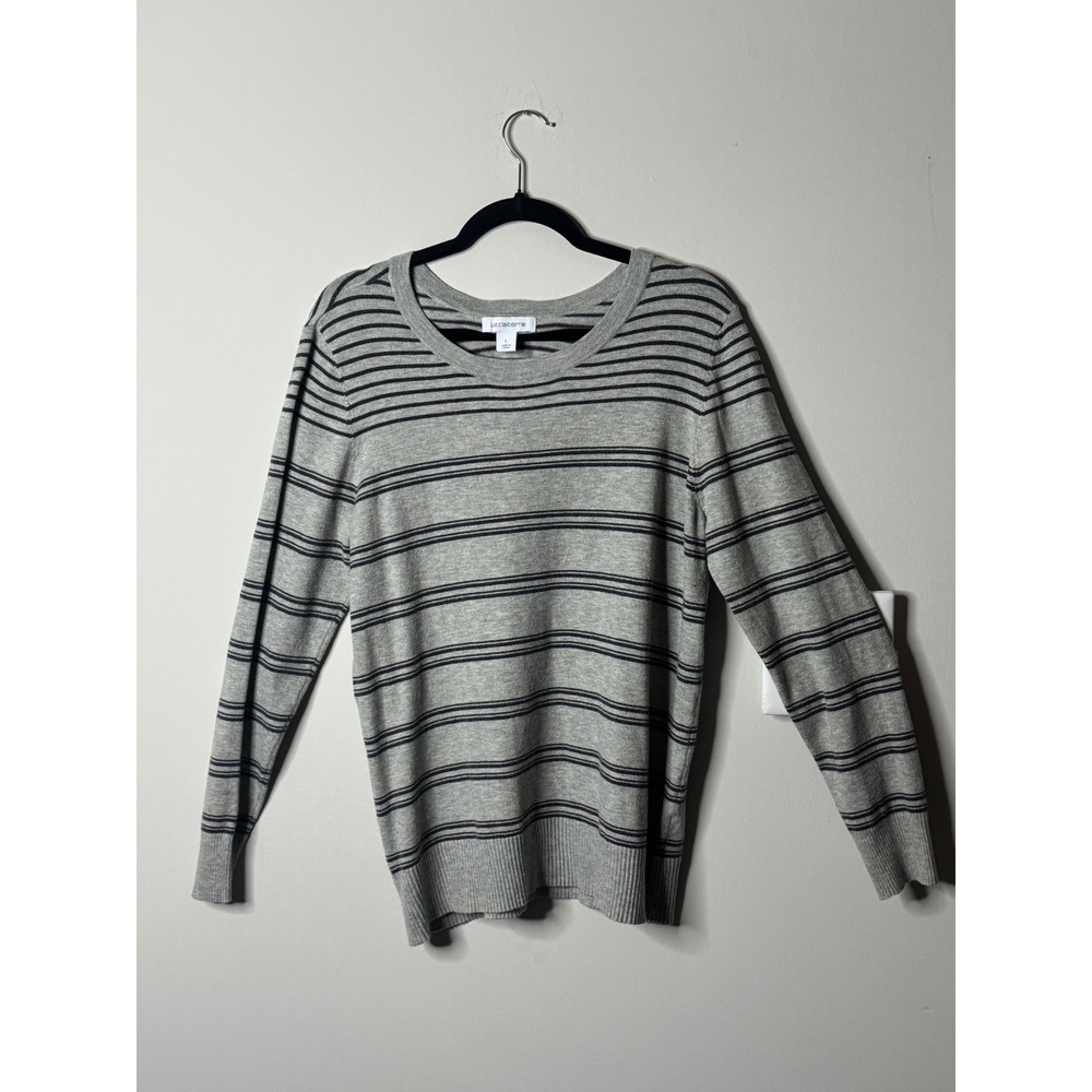 Liz Claiborne Women's Striped Long Sleeve Crew Neck Sweater Size L Gray Black